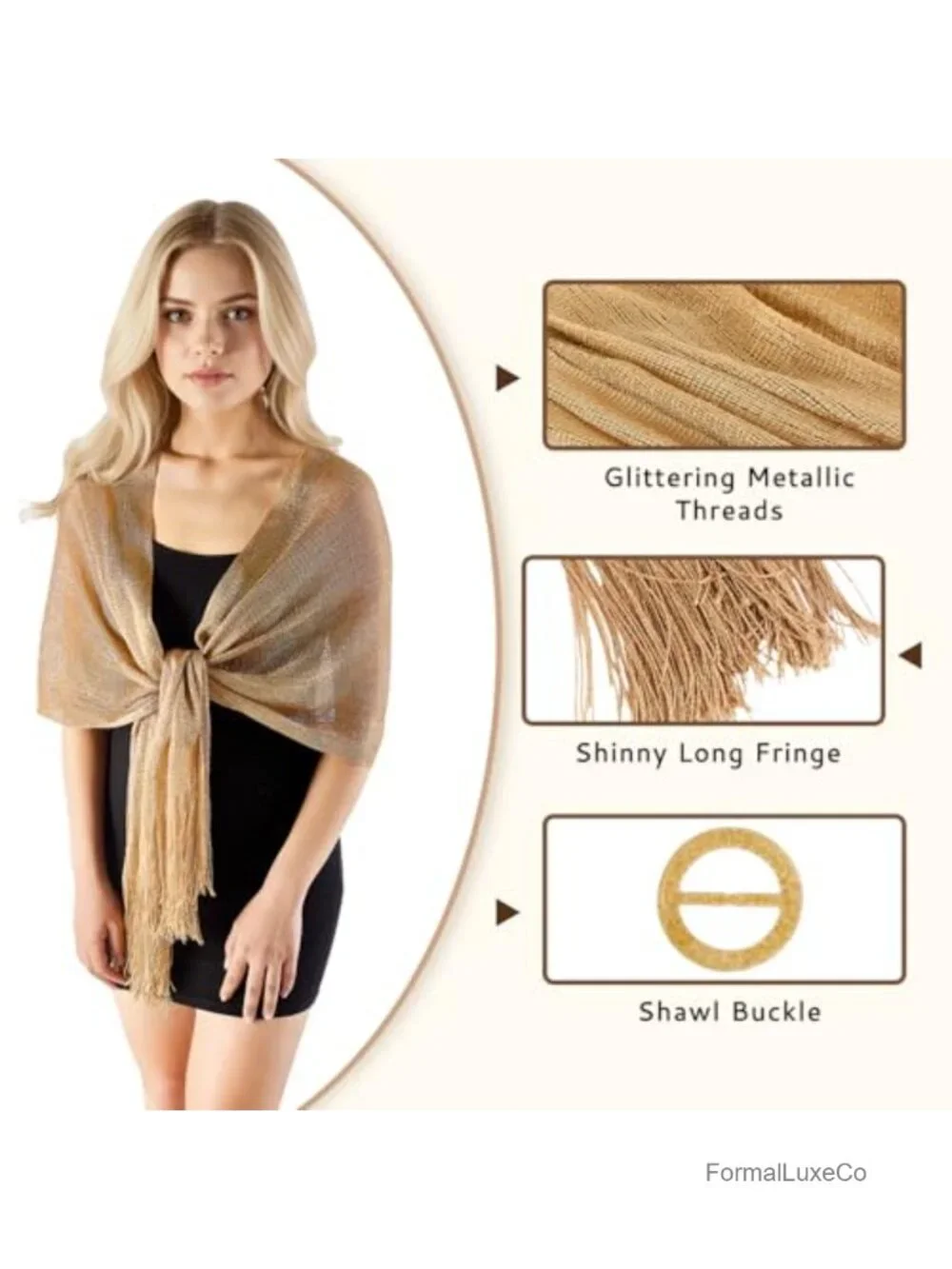 Sparkling Metallic Pashmina Shawl Wrap with Buckle for Evening Dresses